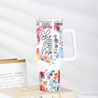 Cana Termos din Plastic, Flippy, pentru Bauturi Calde si Reci, cu Maner, Imprimeu Floral, cu Mesaj pentru Mama, Alb, 10x7.6x27.5 cm