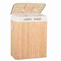 Cos de rufe cu capac si 2 compartimente, sac textil detasabil, 105 litri, 52x33x63 cm, bambus natural