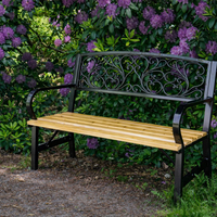 Banca de gradina din lemn si cadru otel, cu spatar decorativ, 120x56x87 cm, negru si maro natur