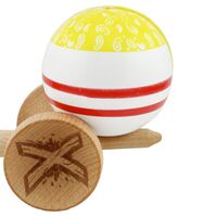 Kendama X CHICANOS Originala, Profesionala, Flippy, Big Cups V2, Super Sticky cu Cupe Mari, Rulment Metalic, din lemn 18 cm, Ata 55 cm, Auriu/Alb