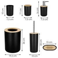 Set de accesorii rotunde pentru baie din plastic cu elemente bambus, 6 piese, negru