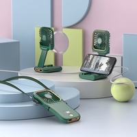 Ventilator Portabil Vafy, 3 in 1, de Mana, de Gat, de Birou, 16.7 x 8 x 1.9 cm, 3 Trepte de Viteza, Incarcare USB, Pliabil, Afisaj Digital, Suport Telefon, Verde