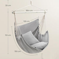 SONGMICS Fotoliu suspendat tip hamac cu 2 perne, lant si carabiniera incluse, 150x128 cm, gri