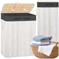 Cos pentru rufe din bambus, pliabil, cu 2 compartimente, volum 105 L, 63x52x33 cm, alb si gri inchis