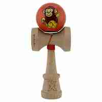 Kendama X Originala, Profesionala, Flippy, Brown Monkey, Super Sticky cu Cupe Mari King Size V3, Rulment Metalic si Gaura in Baza, din Lemn 18 cm, Ata 62/65 cm, Rosu
