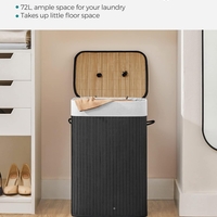 SONGMICS Cos de rufe din bambus, pliabil, cu captuseala detasabila lavabila, 72L, 40x30x60cm, negru
