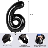 Balon din Folie Metalizata Flippy, Figurina Cifra, Tema Aniversare 40 cm, Ambalaj Individual, Pai inclus, Umflare cu Aer sau Heliu, Negru, Cifra 6
