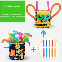 Ghiozdan Montessori, Flippy, pentru Copii 2-6 ani, Fidget Pop, cu Catarame si Fermoare, Jucarii Senzoriale, Activitate de Invatare prin Joc, Albastru Marin, 0.25 kg, 28x10x23 cm