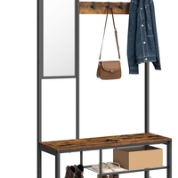 VASAGLE Cuier pentru hol cu oglinda si 9 carlige detasabile, structura metalica, stil industrial, 98x36x185 cm, maro rustic