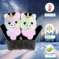 Manusi pentru Copii, Vafy, din Plus cu Umplutura de Bumbac, Protectie Termica, 24 x 20 x 3 cm, Model Unicorn 3D, Roz/Negru