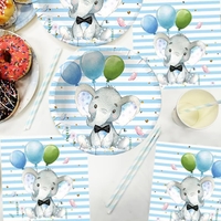 Set 10 Farfurii Unica Folosinta, Flippy, Imprimeu Elefant, din Carton, 17 cm, Albastru