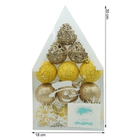 Set de 12 ornamente de brad, Flippy, de tip Glob, Auriu/ Galben, din plastic, cu finisaj sclipitor , cutie 6 cm adancime x 30 cm inaltime x 18 cm lungime)
