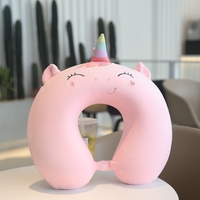 Perna de Calatorie in Forma de U, Vafy, Pentru Gat si Cap, Umplutura din Spuma cu Memorie, 30x30 cm, Model Unicorn, Accesoriu de Voiaj, Birou, Masina, Sistem Prindere Capse, Roz