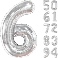 Balon din Folie Metalizata, Flippy, Figurina Cifra, Tema Aniversare 100 cm, Ambalaj Individual, Pai inclus, Umflare cu Aer sau Heliu, Argintiu, Cifra 6