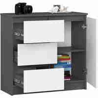Comoda JERRY cu 3 sertare si dulap cu rafturi, PAL laminat, 80x35x77 cm, gri grafit si alb