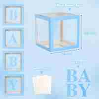 Set 4 Cutii pentru Baloane, Flippy, Model Scris Baby, Tematica Iubire, Cuburi Decorative din Plastic, Accesorii pentru Petrecere, 30 x30 cm, Transparente Contur Albastru