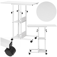 Birou reglabil pe inaltime cu rafturi si roti, blat din lemn si structura metalica, 80x40x76-86 cm, alb