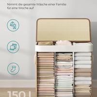 SONGMICS Cos de rufe din bambus, pliabil, cu captuseala detasabila lavabila, 3 compartimente, 150L, 60x40x60cm, natural