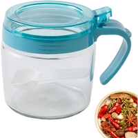 Recipient Condimente, Vafy, din Stilca, 180 ml, cu Maner si Lingurita, 8 x 9 cm, Capac Transparent, Albastru