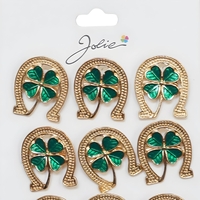 Brose Martisor Primavara, Jolie, Set 12 Bucati, Model Potcoava cu Trifoi, Brosa din Metal, 3 x 2 cm per Bucata, Auriu/Verde
