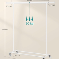 SONGMICS Suport pentru haine cu sina superioara extensibila, pe roti, reglabil pe latime, 45x(92-132)x160cm, alb