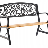 Banca de gradina din lemn si cadru otel, cu spatar decorativ, 120x56x87 cm, negru si maro natur