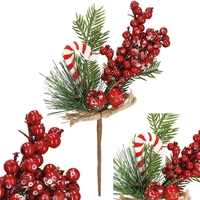 Ramura decorativa Craciun cu fructe rosii, acadea si sfoara iuta, 24 cm, rosu