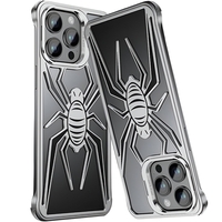 Husa de Protectie Compatibila iPhone 15 Pro, cu Suport Metalic pentru Camera, Armor Protective Series, Vafy, Antisoc, Protectie de Metal pe Margini, Model Paianjen, Negru Gri