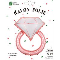 Balon din Folie Metalizata, Flippy, Figurina Inel de Logodna, Model Diamant, Tema Nunta, 60 cm, Ambalaj Individual, Pai Inclus, Umflare cu Aer sau