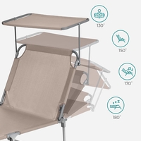 SONGMICS Sezlong pliabil, cu parasolar si tetiera, spatar reglabil in 4 pozitii, maxim 150kg, 200x71x38 cm, taupe