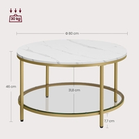 VASAGLE Masa de cafea rotunda cu blat din imitatie de marmura, polita suplimentara din sticla, 80x45cm, alb si auriu