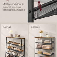 VASAGLE Etajera pantofi 6 niveluri, rafturi metalice reglabile, blat din PAL, stil industrial, 75x28x114 cm, maro rustic
