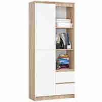 Dulap cu usa, 2 sertare si 7 rafturi, PAL laminat 16 mm, 80x35x180 cm, sonoma si alb