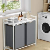 VASAGLE Cos de rufe, 2 compartimente, saci de rufe detasabili, raft, cadru metalic, 2x46L, 73x33x72 cm, alb si gri deschis