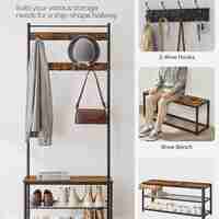 VASAGLE Cuier pentru haine cu banc de depozitare a pantofilor, cadru din otel, 32x70x177cm, industrial, maro rustic si negru