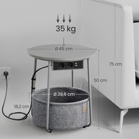 VASAGLE Masuta de cafea rotunda cu cos de stofa, statie de incarcare 2 prize si 2 USB, 45x50cm, gri argintiu
