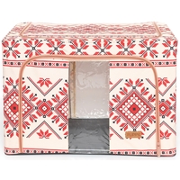 Cutie de Depozitare Pliabila, Flippy,100 L din Bumbac si In, 60X42X40 cm, Fereastra Frontala, 2 Usi de Acces cu Fermoar Bidirectional, Cadru Metalic, Suport Baza Stabil din Plastic, Motiv Traditional Model 2