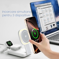 Statie de Incarcare MagSafe 3 in 1, Flippy, Magnetica Wireles Charger, Compatibil cu Apple iPhone, iWatch, AirPods, New Design, Max 23W, 11 x 6.5 x 2.9 cm Alb Ivory