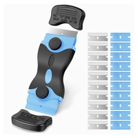 Racleta Multifunctionala pentru Curatare Sticla si Ceramica, Flippy, Design Ergonomic, Maner Anti-alunecare, Include 20 de Lame de Schimb, 12,5 x 4,5 cm, Albastru