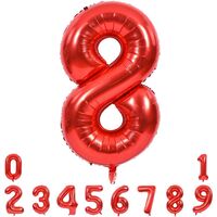 Balon din Folie Metalizata Flippy, Figurina Cifra, Tema Aniversare 40 cm, Ambalaj Individual, Pai inclus, Umflare cu Aer sau Heliu, Rosu, Cifra 8
