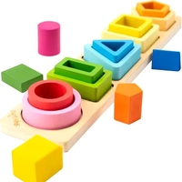 Jucarie Montessori din Lemn, Flippy, Tip Puzzle, cu 5 Forme Asimetrice, 15 Piese, Educativa, Interactiva, Creativa, Model Forme Geometrice, Materiale Non Toxice, +2 Ani, 29x6.5 cm, Multicolor