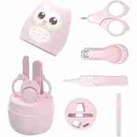Set 4 Piese Ingrijire Unghii Bebelusi, Flippy, din ABS+Otel Inoxidabil, Cutie de Depozitare Tip Bufnita, de la 0 Luni, 11.5 x 5 x 11.5 cm, Roz