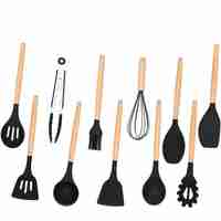 Set Sersimo 12 ustensile de bucatarie din silicon termorezistent si maner din bambus, negru