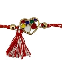 Martisor Bratara cu Ciucure pentru Dama, Jolie, Model Inimi Colorate, Set 12 bucati, Pandativ din Inox, Snur Reglabil, Rosu/Alb