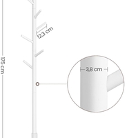 VASAGLE Cuier pentru haine, din lemn masiv, tip pom, cu 8 carlige, 175cm, alb