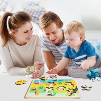 Puzzle Montessori din Lemn pentru Copii, Flippy, 0-3 Ani, Model Animale din Jungla, Educativ, Intuitiv, Creativ, 9 Piese, 30x22.5x0.8 cm, Multicolor