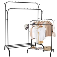 Suport pentru haine cu cadru metalic, cu sina dubla de agatat si carlige cuier, 55x110x146cm, negru