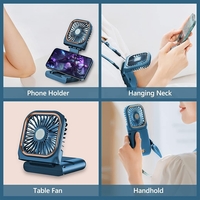 Ventilator Portabil Vafy, 3 in 1, de Mana, de Gat, de Birou, 16.7 x 8 x 1.9 cm, 3 Trepte de Viteza, Incarcare USB, Pliabil, Afisaj Digital, Suport Telefon, Albastru