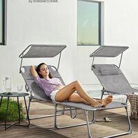 SONGMICS Sezlong pliabil, cu parasolar si tetiera, spatar reglabil in 4 pozitii, maxim 150kg, 200x71x38 cm, gri