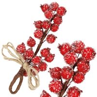 Ramura decorativa cu boabe de merisoare artificiale si snur din iuta, 15x5,5 cm, rosu